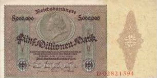 Zahlungsmittel / Reichsbanknote / Fünf Millionen Mark, Medaillonschein
