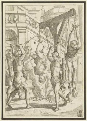 Schlagen und Verbrennen eines kopfüber Aufgehängten (Illustration 15 der Serie der Martyrien der frühen Christen)