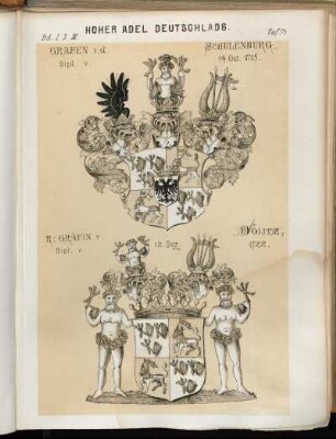 Taf. 74. Grafen v. d. Schulenburg. Dipl. v. 14. Oct. 1715. - R: Gräfin v. Dölitz, Dipl. v. 12. Dez. 1722