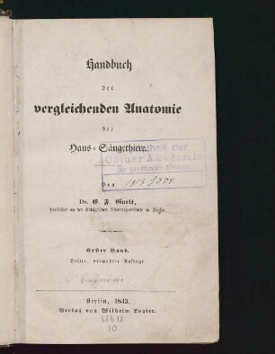 1: Handbuch der vergleichenden Anatomie der Haus-Säugethiere