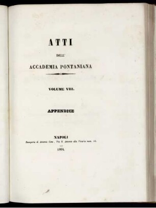 Atti Dell' Accademia Pontaniana Volume VIII. Appendice