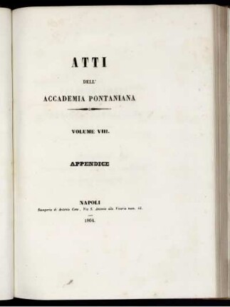 Atti Dell' Accademia Pontaniana Volume VIII. Appendice