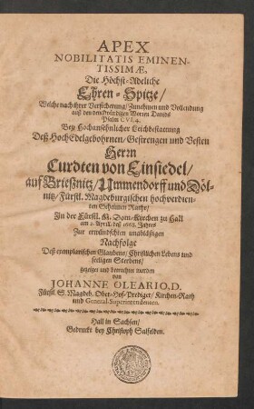 Apex Nobilitatis Eminentissimae, Die Höchst-Adeliche Ehren-Spitze