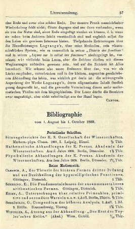 Bibliographie vom 1. August bis 1. October 1869.