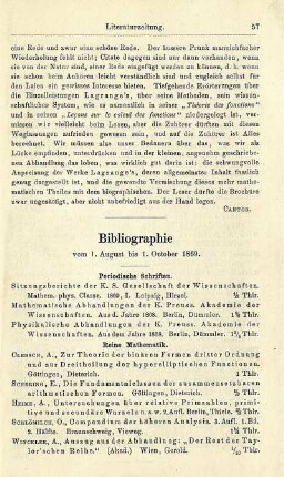 Bibliographie vom 1. August bis 1. October 1869.