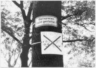 Verbotsschild an einem Baum (Sonderthema: Kein Platz für Kinder)