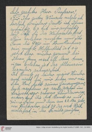Korrespondenz Louise Ebert/Gustav Radbruch: Karte von Louise Ebert an Gustav Radbruch