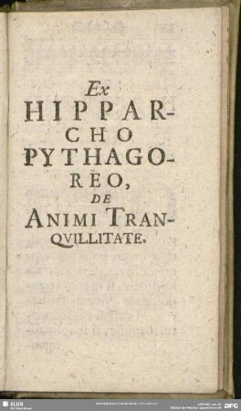 Ex Hipparcho Pythagoreo De Animi Tranquillitate