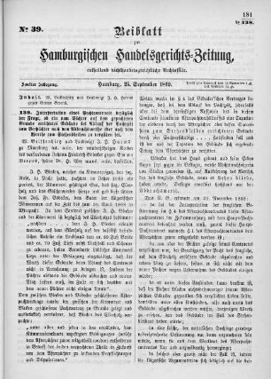 Beiblatt zur hamburgischen Handelsgerichts-Zeitung No. 39. Zweiter Jahrgang. Hamburg, 25. September 1869.