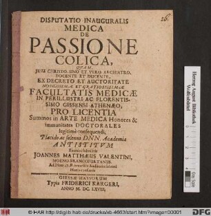 Disputatio Inauguralis Medica De Passione Colica