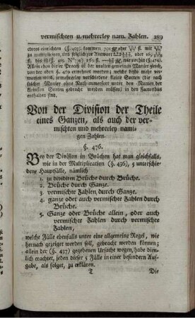 Von der Division der Theile eines Ganzen, als auch der vermischten und mehrerley namigen Zahlen.