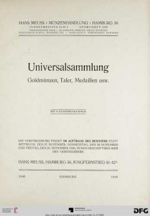 Universalsammlung - Goldmünzen, Taler, Medaillen usw. : die Versteigerung ...: 27.-29. November 1940 (Katalog Nr. 15)