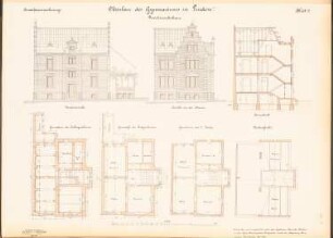 Gymnasium, Hannover-Linden: Direktorwohnung: 2 Ansichten, Querschnitt, Grundriss KG, EG, 1.OG, DG 1:100