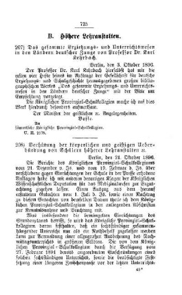 Verhütung der körperlichen und geistigen Ueberbürdung von Schülern höherer Lehranstalten etc. : [B. Höhere Lehranstalten]