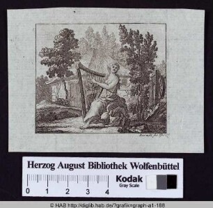 Frau mit Harfe in Landschaft.