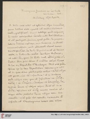 Heid. Hs. 1466: Briefabschriften von Ernst Volger (1888) aus der Sammlung Rehdiger der Stadtbibliothek Breslau. Teil II: Ursinus, Werdenstein, Zanchius und Zwinger.: Brief von Girolamo Zanchi an Johannes Crato : Abschriften von E. Volger