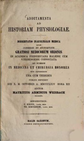 Additamenta ad historiam physiologiae : Diss. inaug. med.