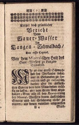 Das erste Capitel. Von dem Mineralischen Halt des Saur-Wassers zu Langen-Schwalbach
