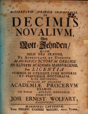 Dissertatio iuridica inauguralis de decimis novalium, Von Rott-Zehnden