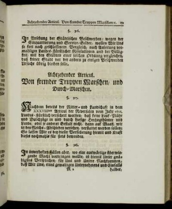 Achtzehender Articul. Von fremder Truppen Marschen, und Durch-Marschen.