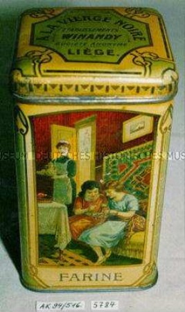 Blechdose für Mehl "FARINE" (Abbildung von Damen im Zimmer beim Naschen - Dienstmädchen serviert Kaffee)