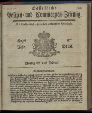 9tes Stueck, Montag den 28ten Februar 1803