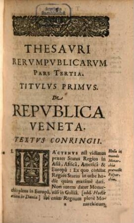 Thesavri Rervmpvblicarvm Pars ..., 3. Continens Rempvblicam Venetam, Respvblicas Foederati Belgii, Foederatas Helveticorvm Provincias ...