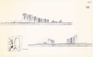 Freizeitanlage am Tegeler See, Berlin Schinkelwettbewerb 1969: Panoramaansicht Wohnen, Schnitt Hotel, Restaurant und Wohnen 1:500