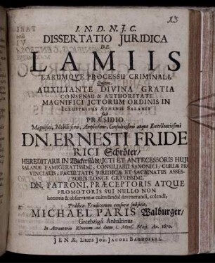 Dissertatio Iuridica De Lamiis Earumque Processu Criminali