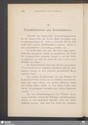 IX. Transformatoren und Accumulatoren
