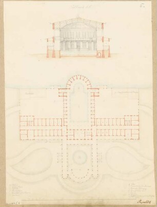 Badeanstalt Monatskonkurrenz März 1848: Grundriss, Querschnitt; Maßstabsleiste, Raumplan