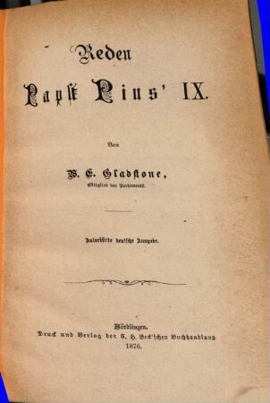 Reden Papst Pius IX. : Autorisierte deutsche Ausgabe
