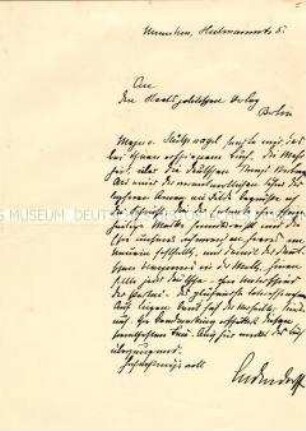 Handschriftlicher Brief von Ludendorff an einen Verlag