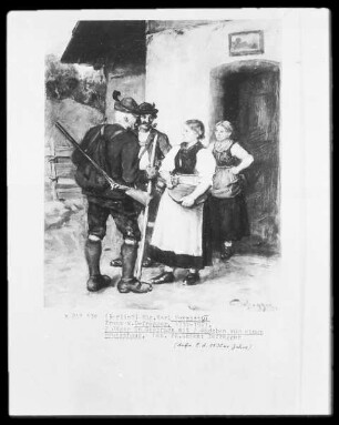 Zwei Jäger im Gespräch mit zwei Mädchen vor einem Bauernhaus