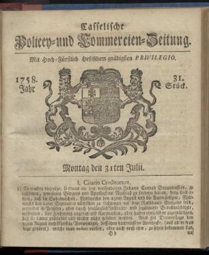 31. Stueck, Montag den 31ten Julii 1758