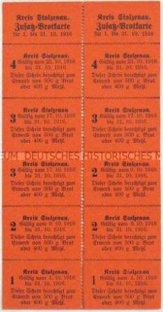 Block mit 10 Marken für den Bezug von Brot aus dem Jahr 1916