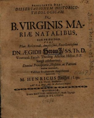 Dissertationem Historico-Theologicam De B. Virginis Mariae Natalibus