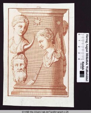 Eine Säule mit dem Kopf der Diana und drei weiteren antiken Göttern