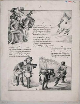 Die Geschichte des Soldaten Barchewitz, der 1813 in der Schlacht bei Dresden Moreau die Beine abschoß, Verse von Julius Koch mit Spottbildern in drei Teilen, drittes Blatt mit vier Bildern und den Versen 8 bis 11
