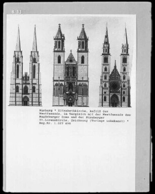 Aufriss der Westfassade von der Elisabethkirche im Vergleich mit der Westfassade des Magdeburger Doms und der Nürnberger Sankt Lorenzkirche