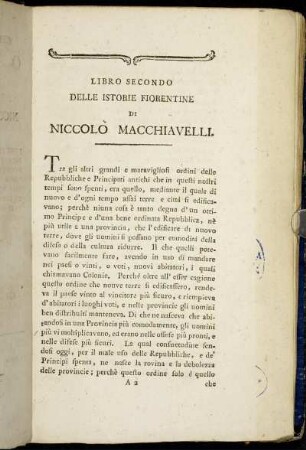 Libro Secondo delle Istorie Fiorentine di Niccolò Macchiavelli.