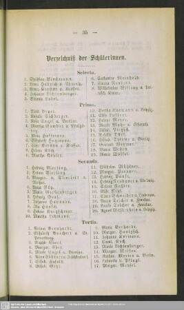 Verzeichniß der Schülerinnen