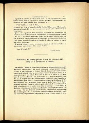 Osservazioni dell' ecclisse parziale di sole del 26 maggio 1873 fatte nel R. Osservatorio di Padova.