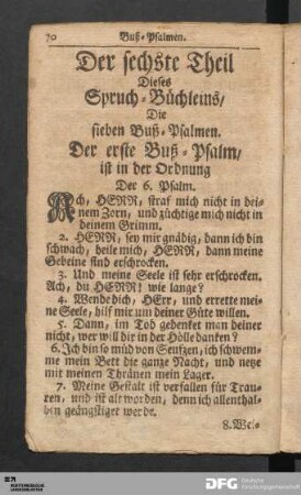Der sechste Theil Dieses Spruch-Büchleins, Die sieben Buß-Psalmen.