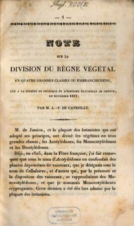 Note sur la division du regne végétal en quatre grandes classes ou embranchemens