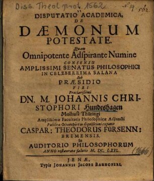 Disputatio Academica, De Daemonum Potestate