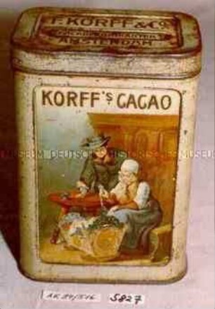 Blechdose für "KORFF'S CACAO F. KORFF UND CO. CACAOFABRIKANTEN AMSTERDAM" (Abbildung eines jungen Paares vor Wiege)