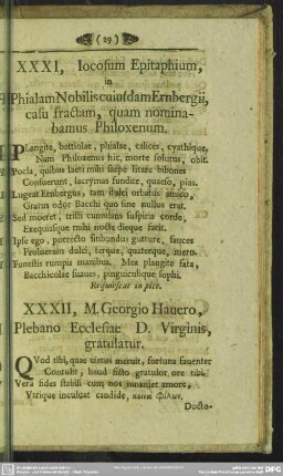 XXXI, Iocosum Epitaphium, in Phialam Nobilis cuiusdam Ernbergii, casu fractam, quam nominabamus Philoxenum
