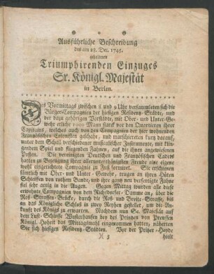Ausführliche Beschreibung des am 28. Dec. 1745. gehaltenen Triumphirenden Einzuges Sr. Königl. Majestät in Berlin