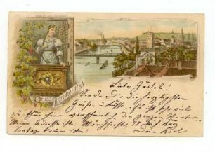 "Gruss aus Heilbronn" - Käthchen vom Balkon mit Heilbronner Stadtwappen blickend; im Hintergrund Gesamtansicht mit Blick vom Neckar und Götzenturm in Richtung Wartberg